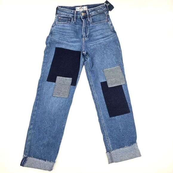 Hollister Denim - Hollister Blue Patchwork Curvy Ultra High Rise Vintage Straight Jeans Size 25x29